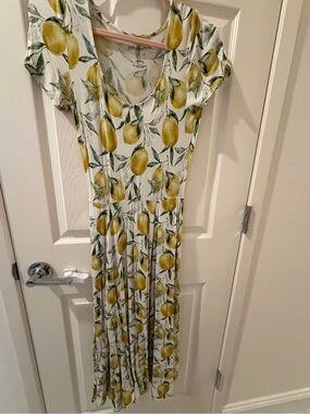Posh Peanut Lemon-Print Short Sleeve Maxi Dress - Yellow & Green